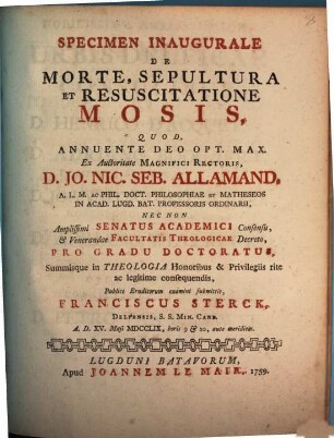 Specimen inaugurale de morte, sepultura et resuscitatione Mosis