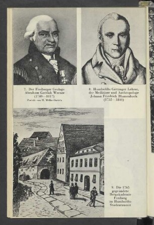 7. Der Freiberger Geologe Abraham Gottlob Werner (1749-1817) - 8. Humboldts Göttinger Lehrer, der Mediziner und Anthropologe Johann Friedrich Blumenbach (1752-1840) - 9. Die 1765 gegründete Bergakademie Freiberg zu Humboldts Studentenzei
