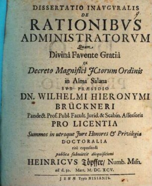 Dissertatio Inavgvralis De Rationibvs Administratorvm