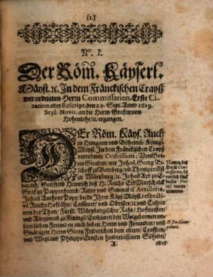 Acta Inn Sachen Fürstlich Würtzburgischen Anwaldts, vnd deß Praemonstatenser Ordens, Gegen Die Samptliche Herrn Graven von Hohenloe, etc. Ihrer Gräflichen Gnaden angesprochener Geistlichen Güter halb, zu Oeringaw vnd Schefftersheimb : Vor denen in dem Fränckischen Reichs-Crayß, verordneten Herrn Commissariis, in Annis 1629. & 1630. verhandelt