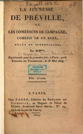 La jeunesse de Préville ou les comedies de campagne : Comédie en 1 acte, mêlée de vaudevilles