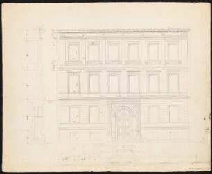 Dreigeschossiges Wohnhaus mit sechsachsiger Straßenfront: Lageplan, Grundriss Souterrain, Erd- und Obergeschosse, Schnitte