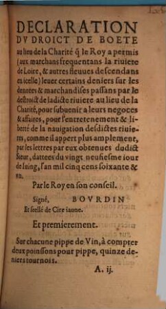 Declaration du droit ... au lieu de la charite que le roi a permis au marchans frequentians la riviere de Loire