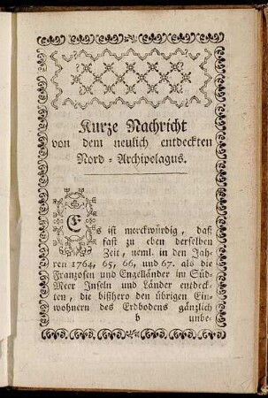 Kurze Nachricht von dem neulich entdeckten Nord-Archipelagus.