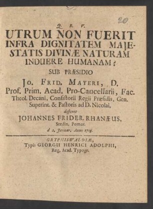 Utrum Non Fuerit Infra Dignitatem Maiestatis Divinæ Naturam Induere Humanam?