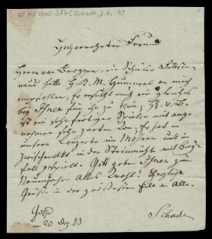 Brief von Johann Gottfried Schade an Louis Spohr