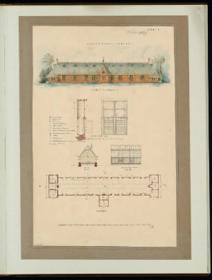 Lazarettbaracke Monatskonkurrenz Juli 1867: Grundriss, Aufriss Seitenansicht, Längsschnitt (Teilausschnitt), Querschnitt, Ventilationsfenster in Aufriss und Vertikalschnitt; 2 Maßstabsleisten, Legende
