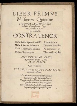 Liber primus missarum quinque vocum a diversis musicis... Contra Tenor