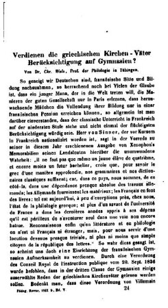 Verdienen die griechischen Kirchen-Väter Berücksichtigung auf Gymnasien?