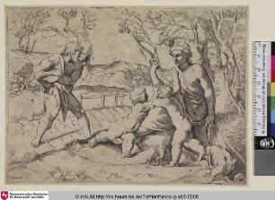 [Adam et Eve assujettis au travail; Adam arbeitet auf dem Feld, Eva mit den Kindern]