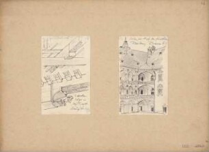 Waidbruck, Trostburg, Brixen, Fürstliche Residenz: Detailansicht und Perspektivische Ansicht von der Hofseite)