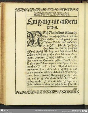 [Die Andere Leichpredigt]. Der Andern Predigt, aus dem hunderten und dritten Psalm