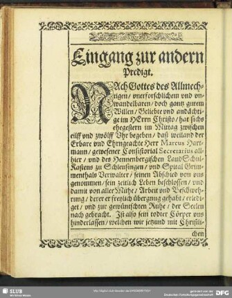 [Die Andere Leichpredigt]. Der Andern Predigt, aus dem hunderten und dritten Psalm