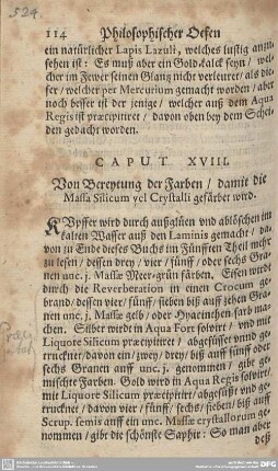 CAPUT XVIII. Von Bereytung der Farben/damit die Massa Silicum vel Crystalli gefärbet wird.