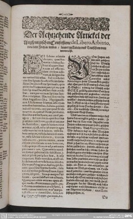 Der Achtzehende Artickel der Augspurgischen Confession, de Libero Arbitrio, von dem Freyen willen, ...