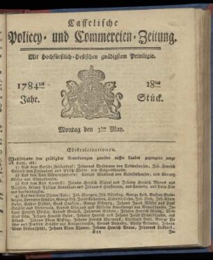 18tes Stueck, Montag den 3ten May. 1784