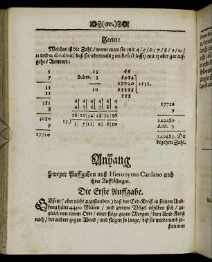 Anhang Zweyer Auffgaben auß Hieronymo Cardano und ihrer Aufflösungen.