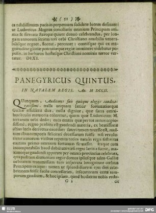 Panegyricus Quintus, In Natalem Regis, Ao. MDCCII.
