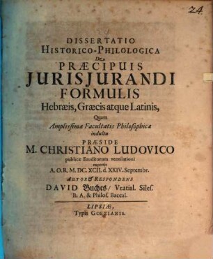 Diss. ... de praecipuis iurisiurandi formulis Hebraeis, Graecis atque Latinis