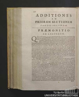 Additiones Ad Priorem Sectionem Partis Secundae. Praemonitio Ad Lectorem.