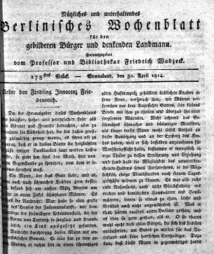 278stes Stueck, Sonnabend, den 30.April 1814