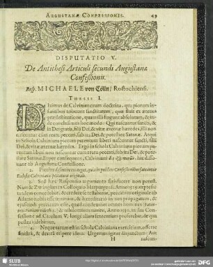 Disputatio V. De Antithesi Articuli secundi Augustanae Confeßionis