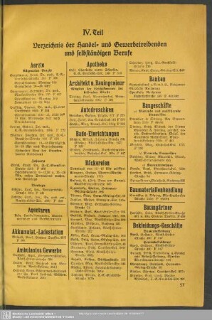 IV. Teil. Berufsklassen und Gewerbebetriebe : IV. Teil. Verzeichnis der Handel- und Gewerbetreibenden und selbständigen Berufe