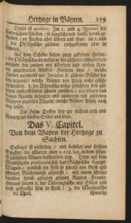 Das V. Capitel. Von dem Wapen der Hertzoge zu Sachsen