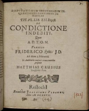 Disputationum Ordinariarum IV. Quaestiones Continens Iuridicas Tit. VI. Lib. XII. Digest. De Condictione Indebiti