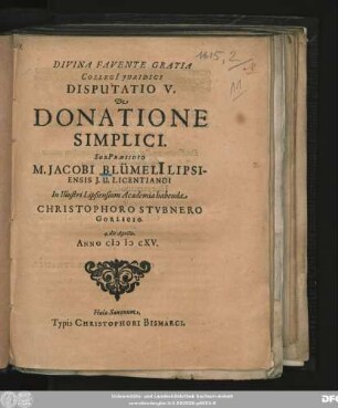 Collegi[i] Iuridici Disputatio V. De Donatione Simplici