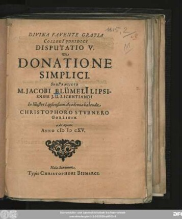 Collegi[i] Iuridici Disputatio V. De Donatione Simplici