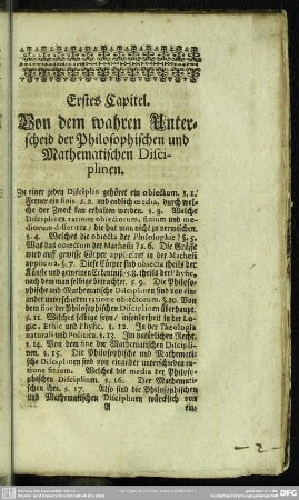 Erstes Capitel. Von dem wahren Unterscheid der Philosophischen und Mathematischen Disciplinen