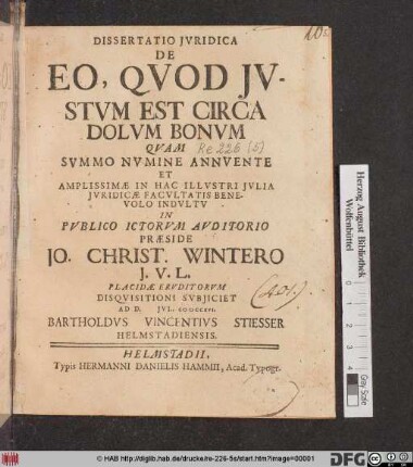 Dissertatio Jvridica De Eo, Qvod Jvstvm Est Circa Dolvm Bonvm