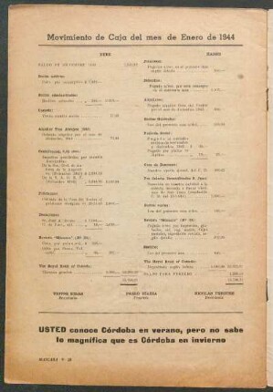 Movimiento de Caja del mes de Enero de 1944