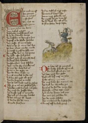 E-Initiale. Jäger mit Armbrust, Hirsch und Schaf; (Von einem Jäger und einem Tiger, Kapitel III nach Pfeiffer)