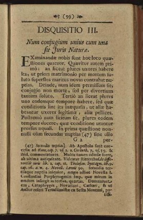 Disquisitio III. Num conjugium unius cum una sit Juris Naturæ.