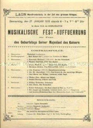 Programm einer musikalischen Fest-Aufführung für die deutsche Armee im besetzten Frankreich anlässlich des Geburtstages des Kaisers