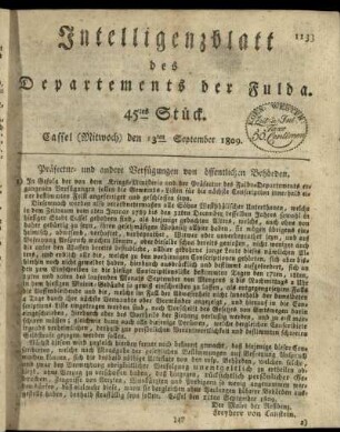 45tes Stueck, (Mitwoch) den 13ten September 1809