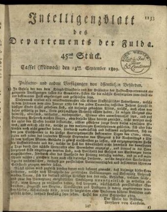 45tes Stueck, (Mitwoch) den 13ten September 1809