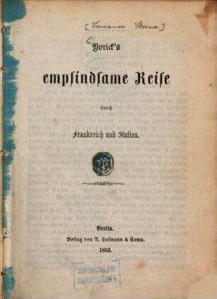Yorick's empfindsame Reise durch Frankreich und Italien