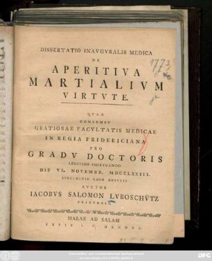 Dissertatio Inavgvralis Medica De Aperitiva Martialivm Virtvte
