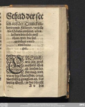 Schad der seelen auß der Trunckenheyt unnd füllerey/ ...