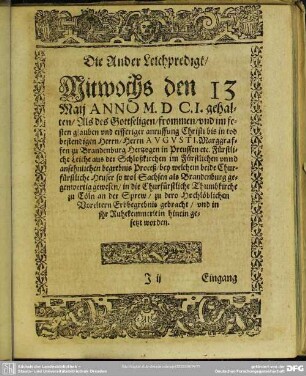 Die Ander Leichpredigt, Mitwochs den 13. Maii Anno M. D C. I. gehalten