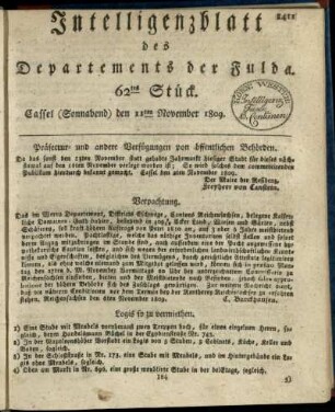 62tes Stueck, (Sonnabend) den 11ten November 1809