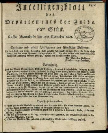 62tes Stueck, (Sonnabend) den 11ten November 1809