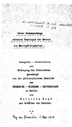 Ueber Zusammenhänge zwischen Topologie und Metrik von Mannigfaltigkeiten