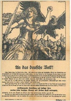 "An das deutsche Volk." Durchhalteaufruf von König Wilhelm I. Großes Hauptquartier (mit Darstellung einer gerüsteten Germania)