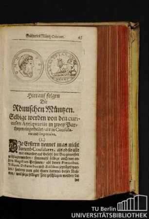 Hierauf folgen Die Römischen Müntzen.