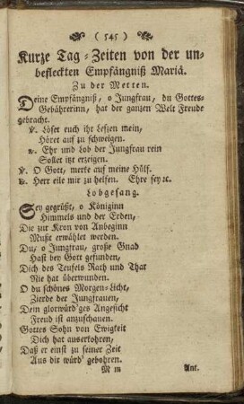 Kurze Tag-Zeiten von der unbefleckten Empfängniß Mariä