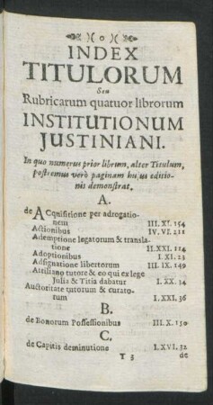 Index Titulorum Seu Rubricarum quatuor librorum Institutionum Iustiniani.
